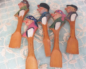 Vintage ANRI Carved Wooden Miniature Salt Condiment Spoons, Set of 5 Profile Heads of Men Italy
