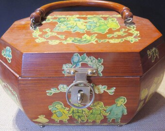 Vintage Wooden Decoupaged Box Purse Handbag Brass Closure