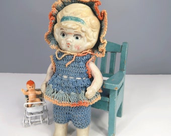 Vintage Bisque Doll Hand Crocheted Dress & Hat Jointed Arms Frozen Legs