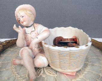 Vintage Boy with Basket Trinket Jewelry Small Planter Dish, Arnart Bisque