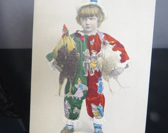 Vintage French Easter Clown Boy Postcard Chicken & Rooster Joyeuses Paques