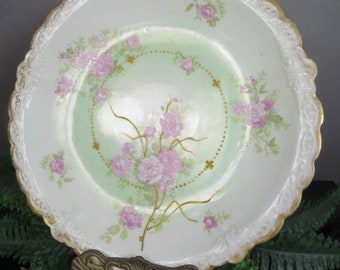 Vintage Limoges B & H Floral Roses China Plate Gold Ruffled Edging Cupboard Wall 8 1/2 Inches Antique
