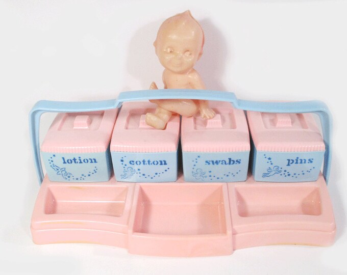 Vintage Pink and Blue Baby Vanity Set 1950's Baby Shower Nursery Decor