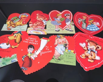 1930s Valentine Cards, Set of 8, Children, Animals, Vintage