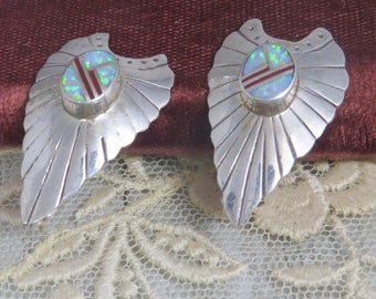 Vintage Sterling Silver & Opaline Wing Earrings, E. B. Chavez, Navajo, Stud Earrings