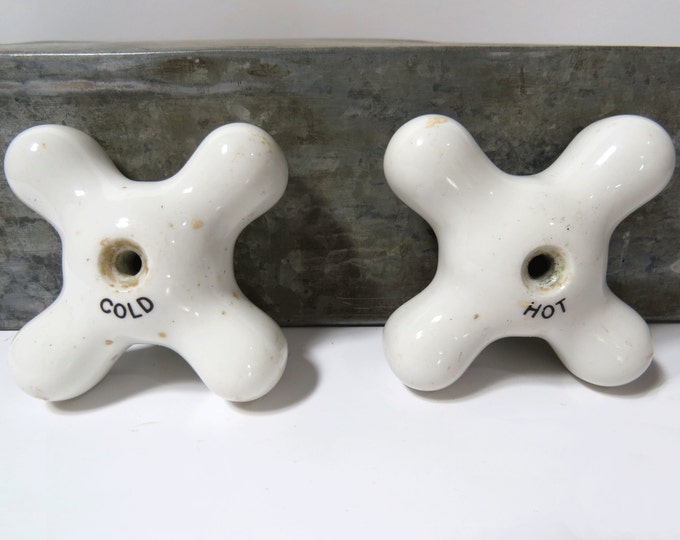 Vintage White Porcelain Hot & Cold Faucet Knobs Handles, Kitchen, Bathroom, Restoration Hardware