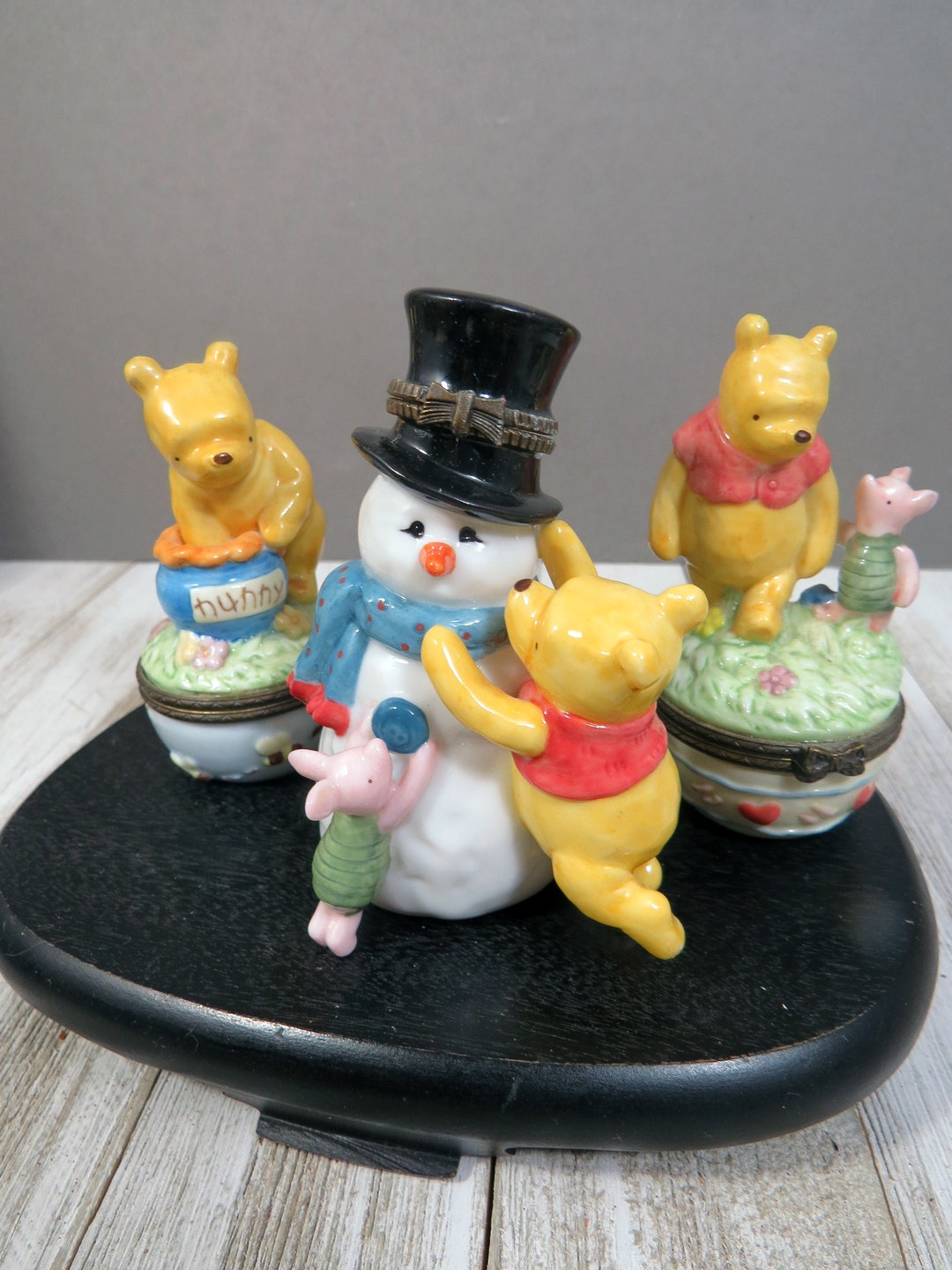 3 Vintage Winnie the Pooh Trinket Dishes Hinged Lid Porcelain Disney