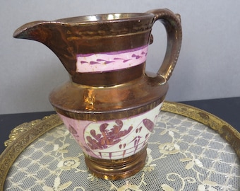 Vintage Copper & Pink Lusterware Cream Pitcher Syrup Milk, Glazed Porcelain Antique