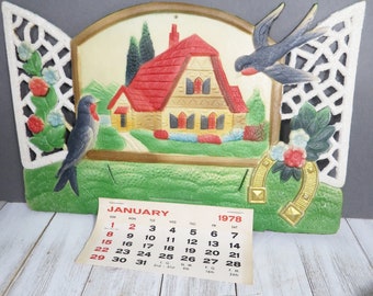 Vintage Bluebirds & Cottage Embossed Calendar SPRING 1978 3-D Die Cut Germany