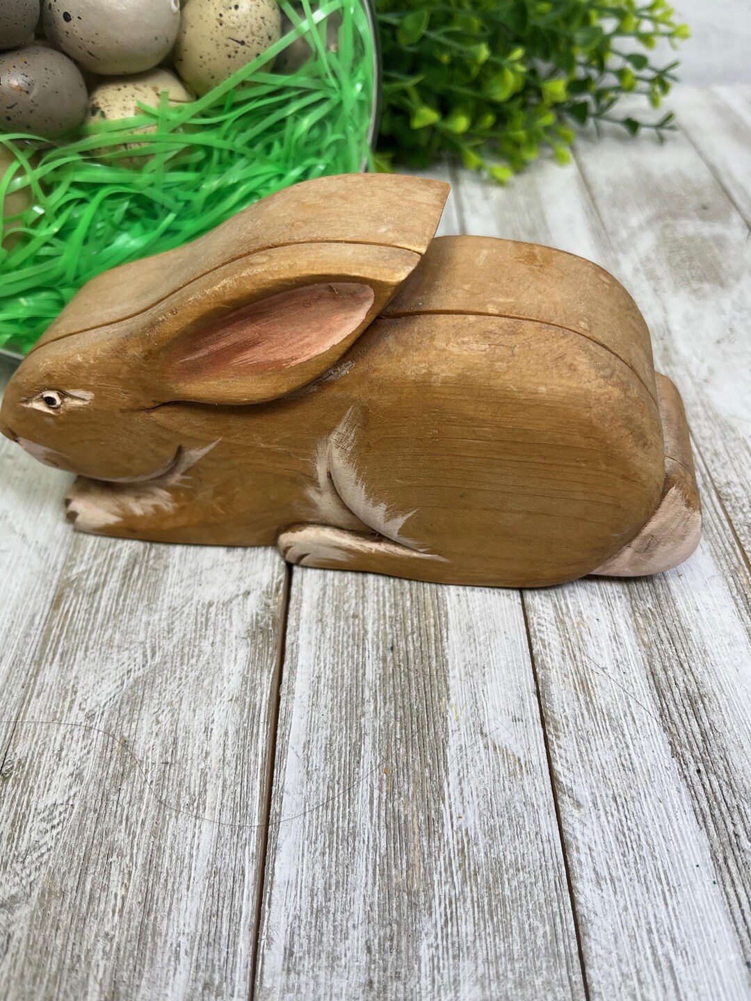 Vintage Wooden Bunny Rabbit Slide up Lid Carved Trinket Box Easter ...