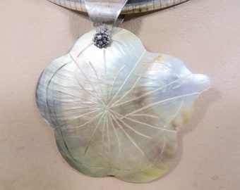 Vintage Floral Mother of Pearl Pendant with Sterling Silver Flat Snake Chain & Bale