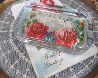 Vintage Glass Paperweight, Roses Calling Card, Victorian Era, "Remember Me", Antique