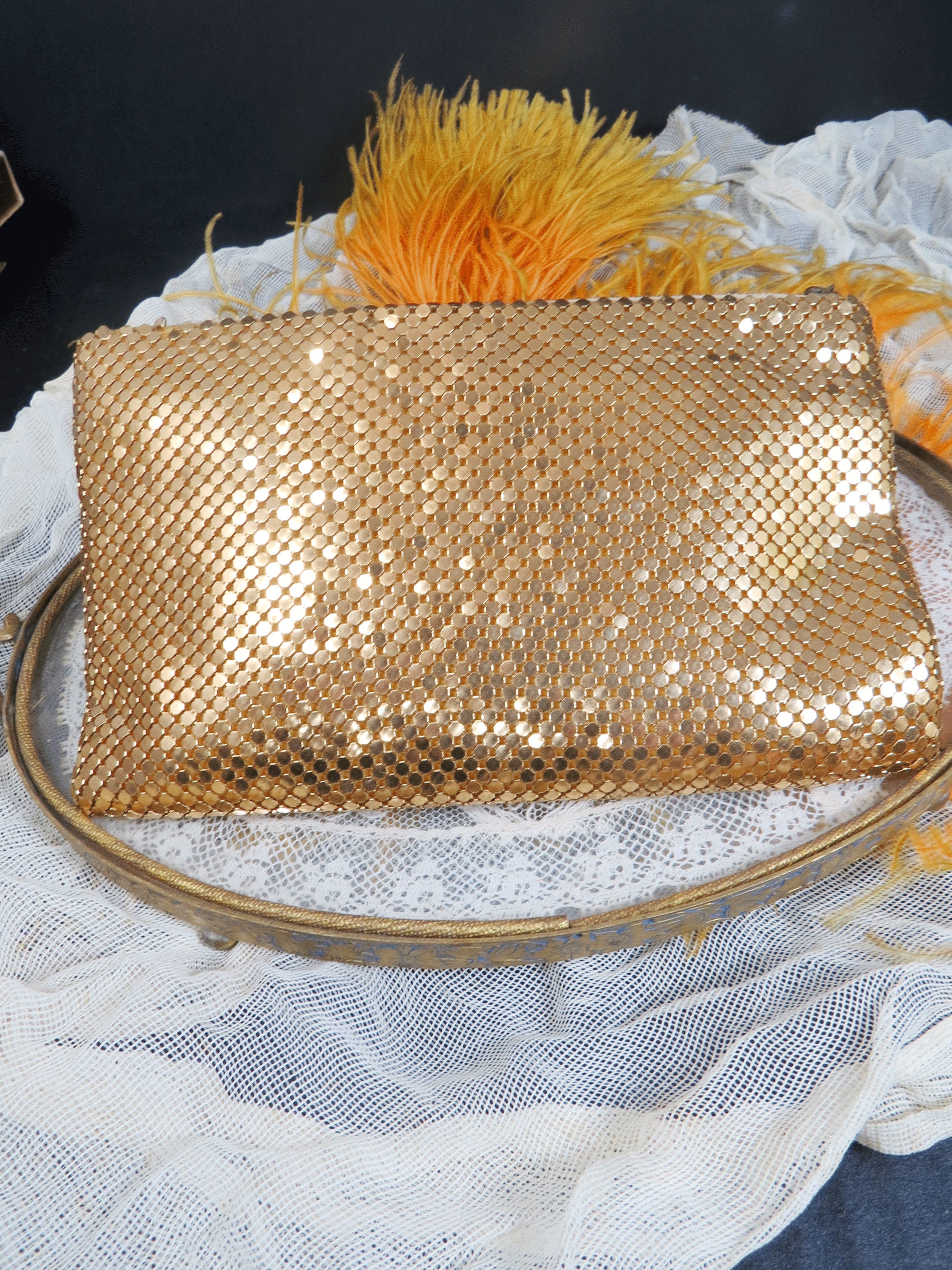 Gold Metal Mesh Evening Bag Zipper Mirror Makeup Storage Etsy