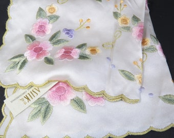 Vintage Suzhou Silk Handkerchief Hand Stitched Embroidery Pastel Flowers ASILK