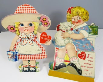 2 Vintage Valentine Cards Eyes Move Girl with Cat & Girl with Sunbonnet Germany,