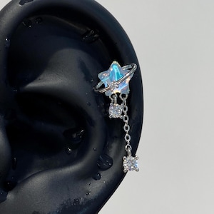 Opal Star Chain Helix Earring – Celestial Ear Cuff with Dangle Crystals, Fairycore Cartilage Jewelry, No Piercing Needed