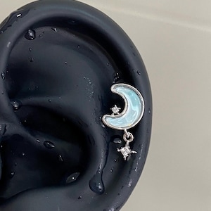 Fairycore Opal Moon Helix Earring – Y2K Celestial Cartilage Stud, Silver Star Drop Piercing, Goth Coquette Jewelry Gift Fairycore Opal Moon