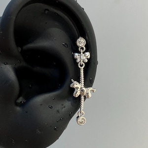 Pendiente de Hélice de Unicornio: Colgante de Cartílago de Plata con Dije de Cristal, Joyería Piercing de Fantasía Fairycore