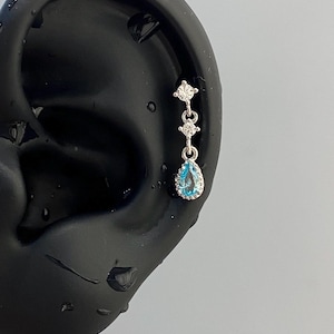Teardrop Blue Gem Helix Earring – Dainty Cartilage Drop Earring – Elegant Silver Helix Piercing Jewelry