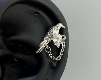 Raven Helix Earrings with Chain – Gothic Bird Ear Cuff Stud – Silver Cartilage or Lobe Earring – Edgy Alternative Jewelry for Women & Men