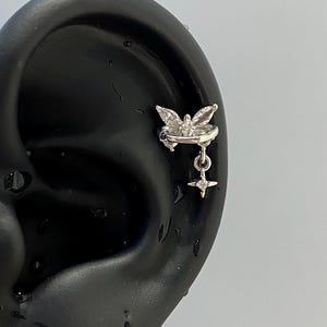 Butterfly Star Helix Earring – Dainty Cartilage Piercing with CZ Crystals, Silver Fairycore Stud, Cute Dangle Ear Jewelry