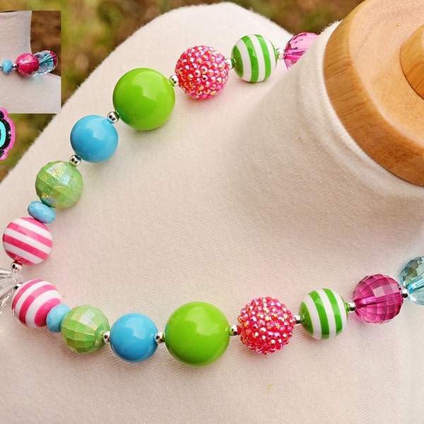 Hot Pink, Green, Aqua, Girls Chunky Necklace, Rhinestone Necklace, Birthday Necklace