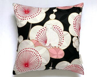 Black and White Vintage Japanese Kimono Silk Cushion Pillow 'Lucky Cat'