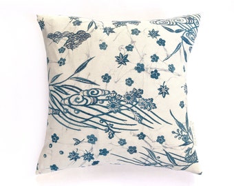 Blue and White Vintage Kimono Silk Fabric Floral Cushion Pillow 'Blossoms and Stream'