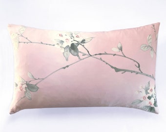 Pale Pink Vintage Japanese Kimono Silk Lumbar Pillow Cushion 'Blossom Branch' (12" x 20")