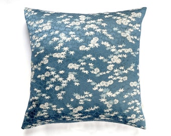 Japanese Vintage Kimono Silk Fabric Pillow Cushion in  Sky Blue and White 'Flora and Fauna'