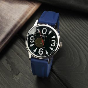 Unique Mechanical BIG ZERO RAKETA Copernicus 1990s Vintage Men&#39;s wrist watch. Gift for him, Blue Silicone strap, Black dial, 40mm Case.