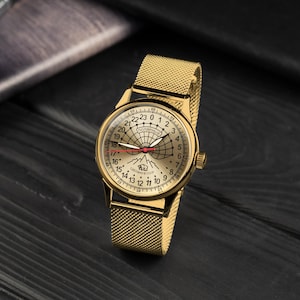 Vintage Raketa Polar 24-Hour Watch: Gold Dial Mechanical Wristwatch