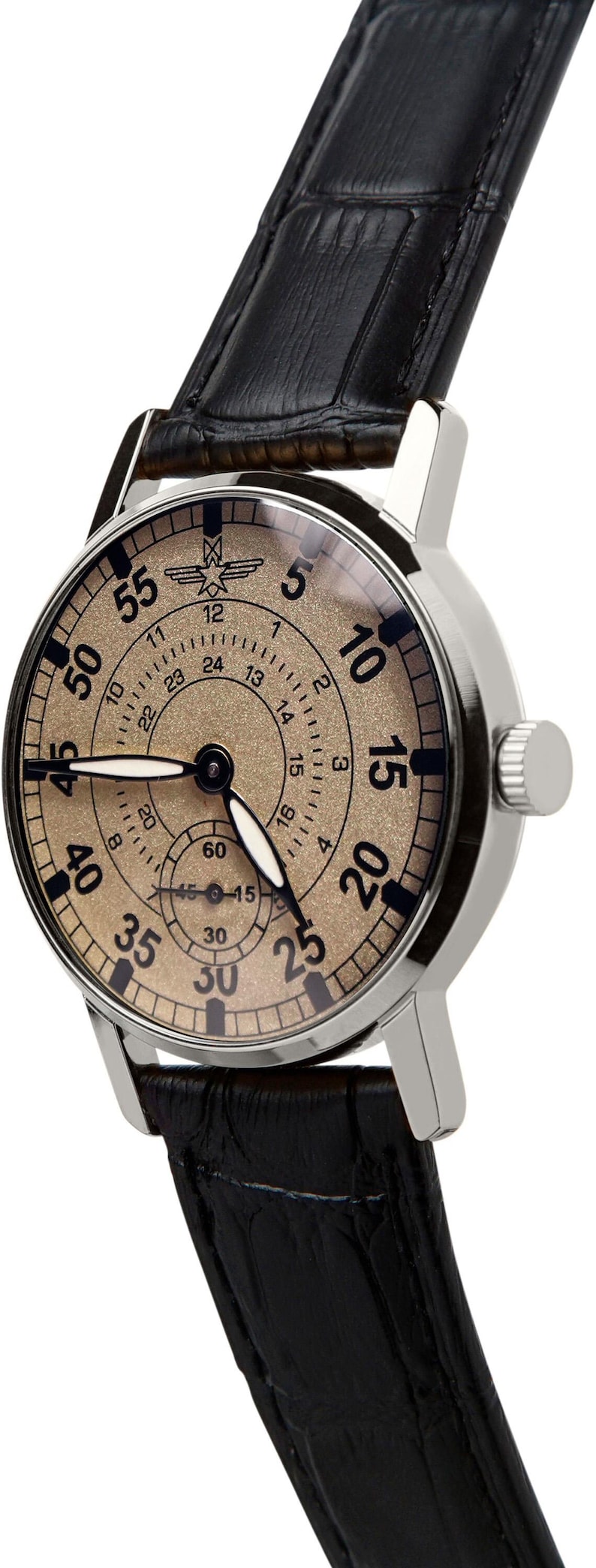 May include: A silver-cased wristwatch with a textured tan face and black numerals. The watch features a black leather band and a small seconds dial. The watch hands are black and white.