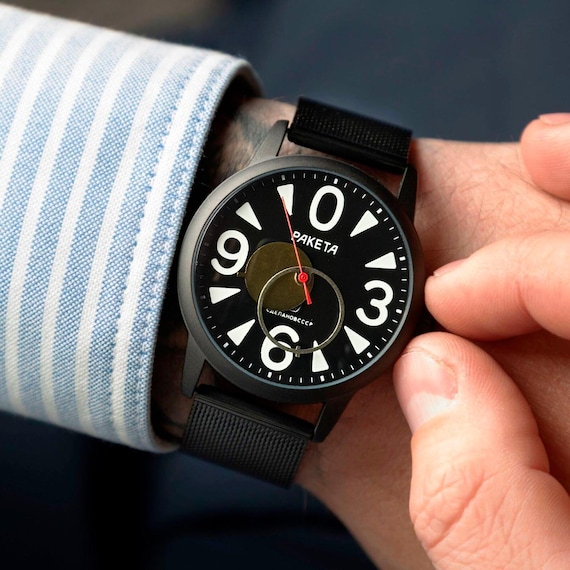 RAKETA BIG ZERO 1990S Copernicus, Vintage Mechanical Soviet Mens Wrist  Watch, Soviet Wristwatch for men, Black Dial and Moon Hands