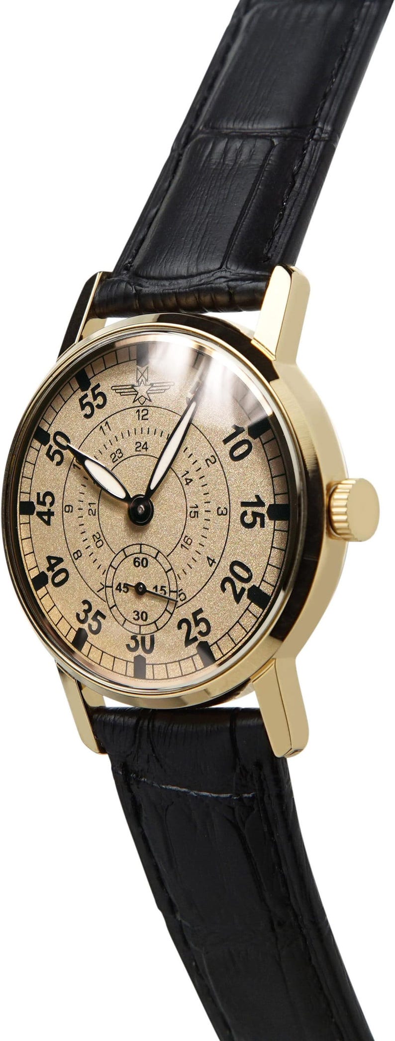 May include: Gold-toned wristwatch with a black leather band. The watch face features black numerals and hands against a gold background. The watch has a small seconds dial and a 24-hour indicator.