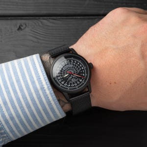 24-Hour Men&#39;s Wrist Watch Polar – Vintage Russian Mechanical, 40mm Black Dial, Stainless Steel Case, Gift for Dad + Bonus Strap