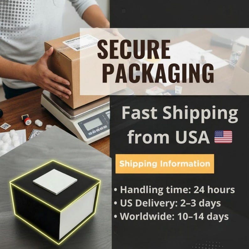 May include: A person is packaging a brown cardboard box on a digital scale. The image includes the text "SECURE PACKAGING" and "Fast Shipping from USA". A black and white box with a yellow outline is in the foreground.