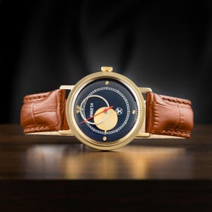 Uniuqe gift watch Raketa Kopernik (Copernicus) Vintage Moon Men&#39;s wrist watch, Gift for him, Blue dial and leather band, Gift for husband