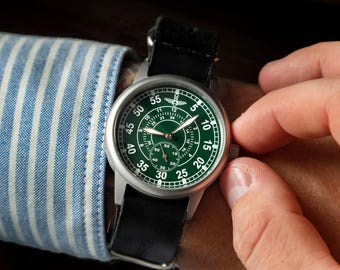 Engraved Vintage Men&#39;s Watch ZIM - AVIATION 1990s. RARE Mechanical Watch. Unique Gift idea for him. Personalized watch. Leather ban