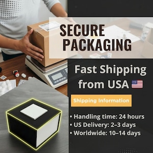 May include: A person is shown packaging a brown cardboard box on a digital scale. The image includes the text "SECURE PACKAGING" and "Fast Shipping from USA". A black and white box with a yellow outline is in the foreground.