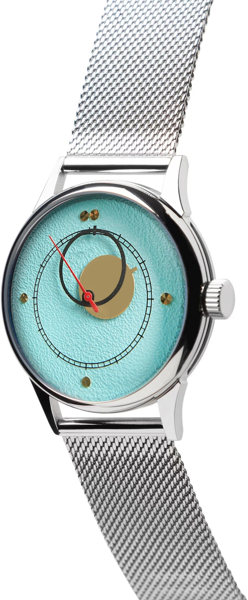 May include: A silver wristwatch with a mesh band and a light blue face. The watch face features a gold-colored crescent and a red second hand. The watch has a silver case and a crown on the side.