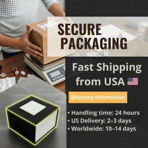 May include: A brown cardboard shipping box sits on a digital scale. Below, a black and white square box with a glowing yellow outline is displayed. Text on the image reads SECURE PACKAGING, Fast Shipping from USA, and Shipping Information.