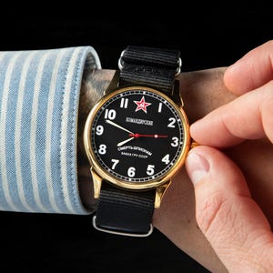 Unique watch Komandirskie &quot;Death to Spies&quot; Military style watch. Russian watch. Vintage 1990s. Black Dial, Gift for him