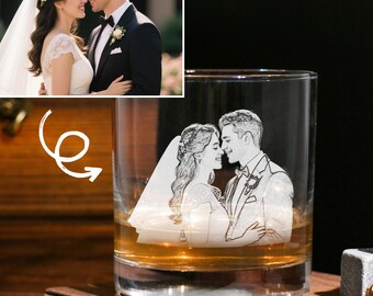 Vaso de whisky con foto de boda personalizado, vasos de whisky grabados con foto, regalos de bar únicos y personalizados, regalo de boda, regalo de compromiso