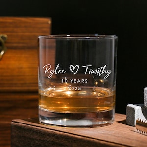 10th Anniversary Gift, Gifts for Husband, Engraved Whiskey Glass with Custom text, Etched Bourbon Scotch Glass,Personalized Anniversary Gift