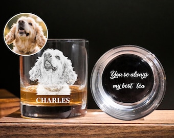 Vaso de whisky con retrato de perro personalizado: foto de mascota grabada, artículos de bar personalizados