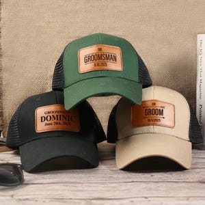 Custom Groomsman Hat, Personalized Man Hat, Leather Patch Trucker Hat, Custom Groom Cap, Wedding Hats, Groomsmen Gifts, Bachelor Party Gift