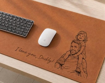 Personalized Leather Desk Mat With Photo, Custom Line Art Mouse Pad for Dad, Father's Day Gift, Desk Pad/Mouse Mat For Dad, New Dad Gift