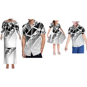 Wholesale Custom Polyensian Tribal Ladies Layered Ruffles Casual Puletasi Dress Match Kids Clothing Oversized Aloha Men Shirts Family Set