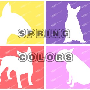 4 Bull Terrier prints, Dog Silhouette, SPRING Backgrounds, Dog Breed Art Print, Dog Lover Gift, Dog Wall Art, Modern Art Print, Unique Gifts image 1